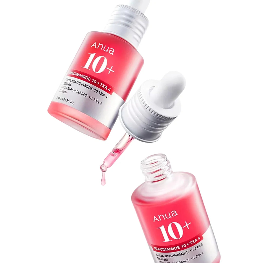 Two bottles of Anua Niacinamide 10 TXA 4 Serum 30ml with a dropper on a white background