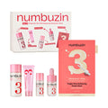 Numbuzin No.3 Trial Kit for Poreless & Smooth Skin, featuring a white box with pink and red graphics, a sheet mask packet in coral pink, and five skincare bottles and tubes with pink caps and white bodies.