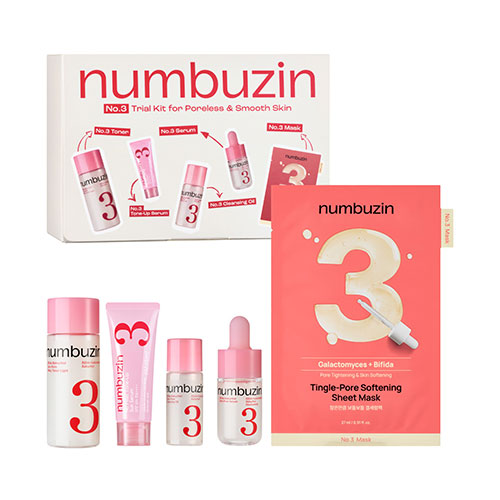 Numbuzin No.3 Trial Kit for Poreless & Smooth Skin, featuring a white box with pink and red graphics, a sheet mask packet in coral pink, and five skincare bottles and tubes with pink caps and white bodies.