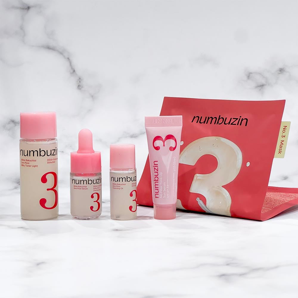 Numbuzin No.3 Trial Kit for Poreless & Smooth Skin on a white marble background, including a cleanser bottle, toner dropper bottle, eye gel tube, and a pink mask pouch.