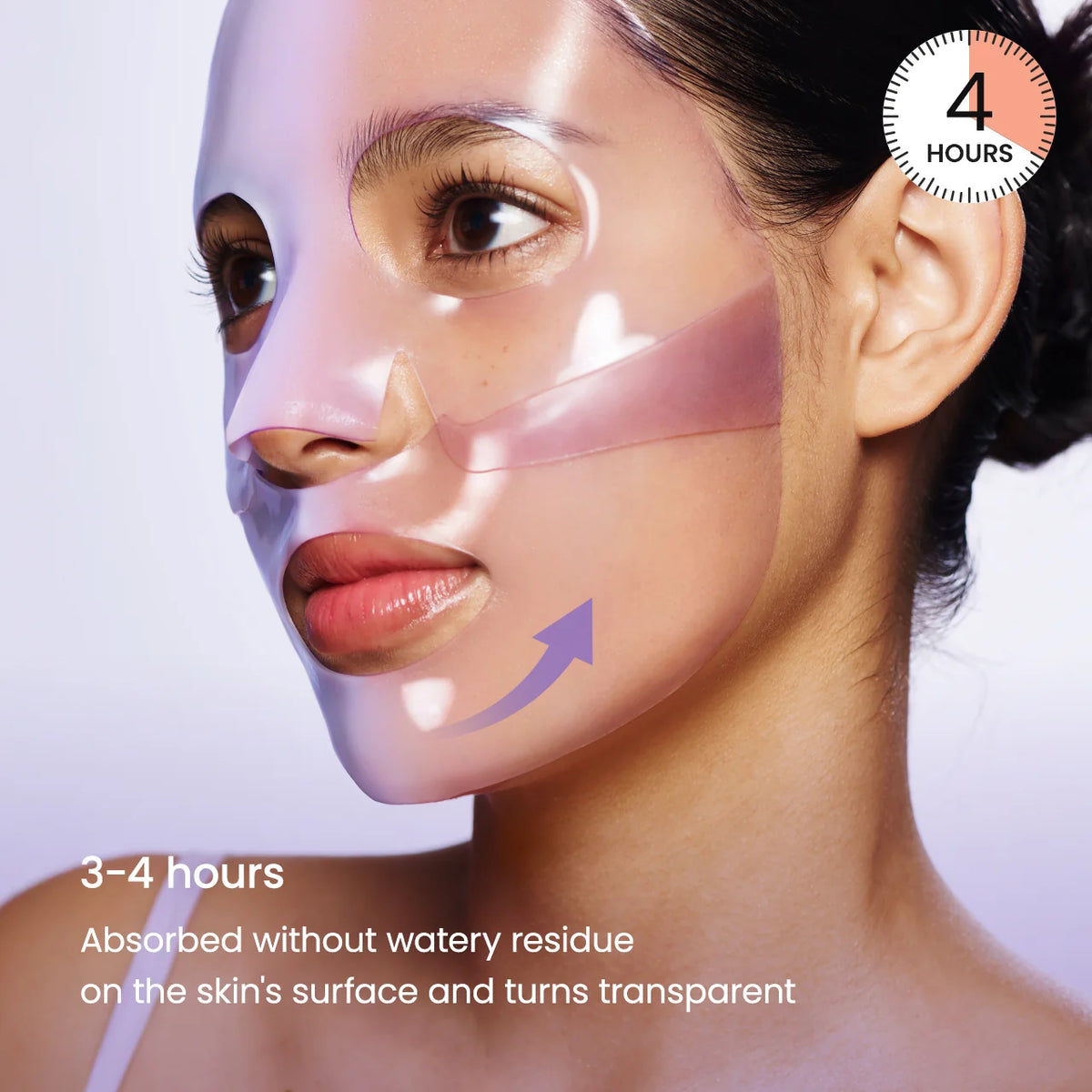 Woman's face with a Biodance Rejuvenating Caviar PDRN Real Deep Mask applied, showing absorption on skin.
