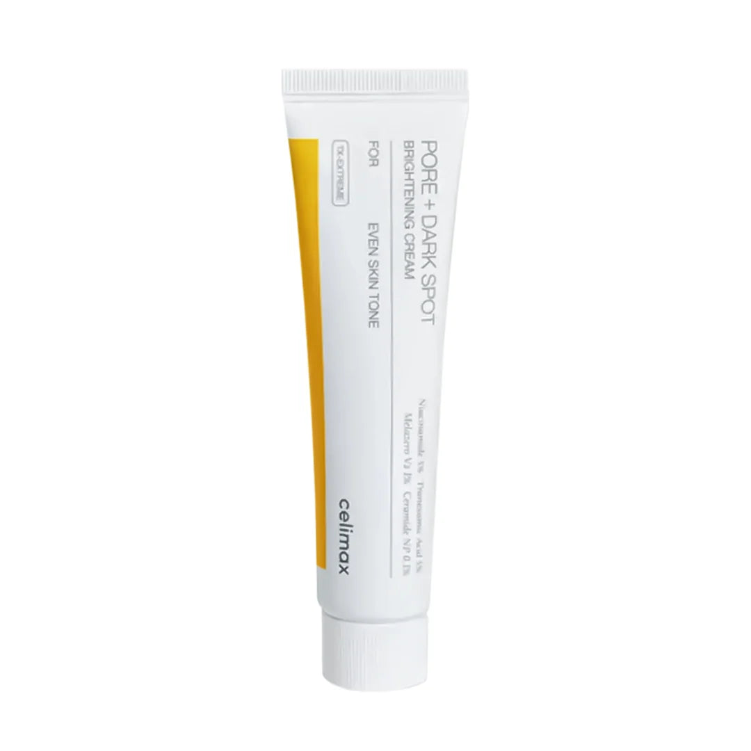 A white squeeze tube of Celimax Pore + Dark Spot Brightening Cream 35ml for Fine Line & Hyperpigmentation, featuring a yellow accent stripe and black text, on a solid white background.