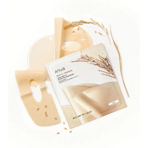 Anua Rice 70 + Ceramide Glow Collagen Mask packaging shown with a beige mask sheet and a beige mask gel pool on a clean white background, styled with dried wheat stalks.