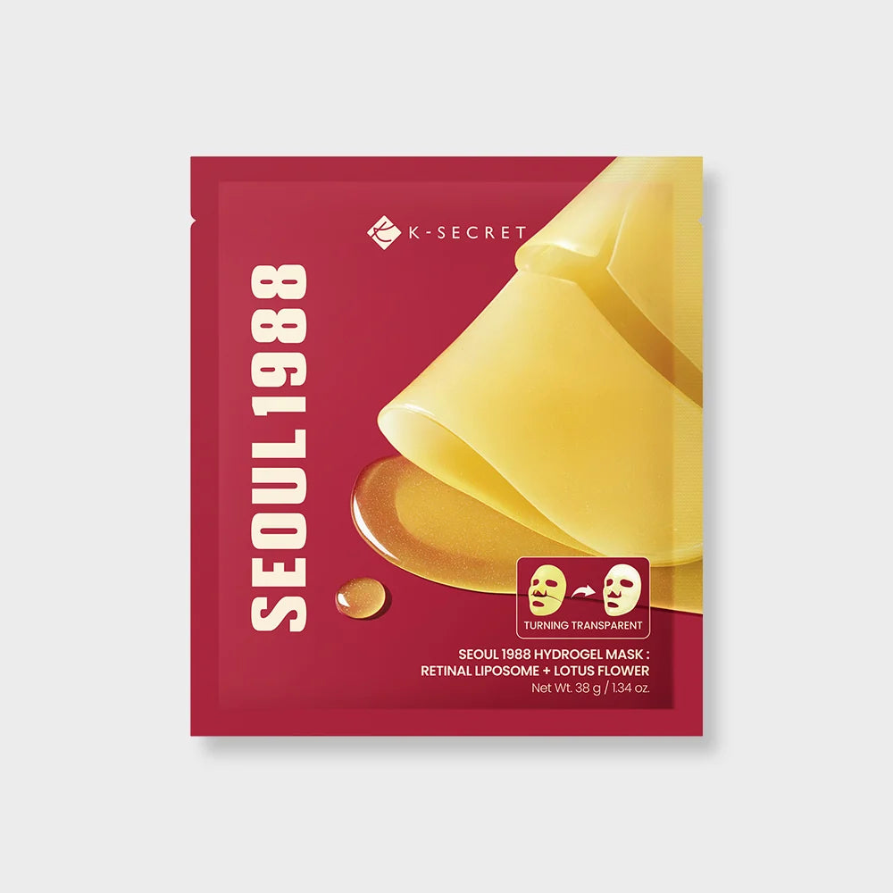 K-SECRET Seoul 1988 Retinal Liposome + Lotus Flower Hydrogel Mask in a deep red and yellow design, featuring a large illustration of a translucent yellow mask sheet and text for a retinal liposome mask.