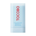 A light blue cylindrical sunscreen stick container with the brand name 'TOCOBO' printed vertically in red, and product details in blue text, shown on a plain white background.