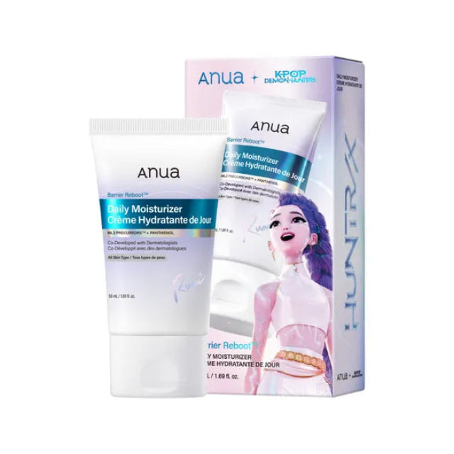 Anua Kpop Demon Hunter Barrier Reboot Daily Moisturizer tube shown in front of its retail box, featuring a white design with blue and teal accents and an illustration of a woman with purple hair.