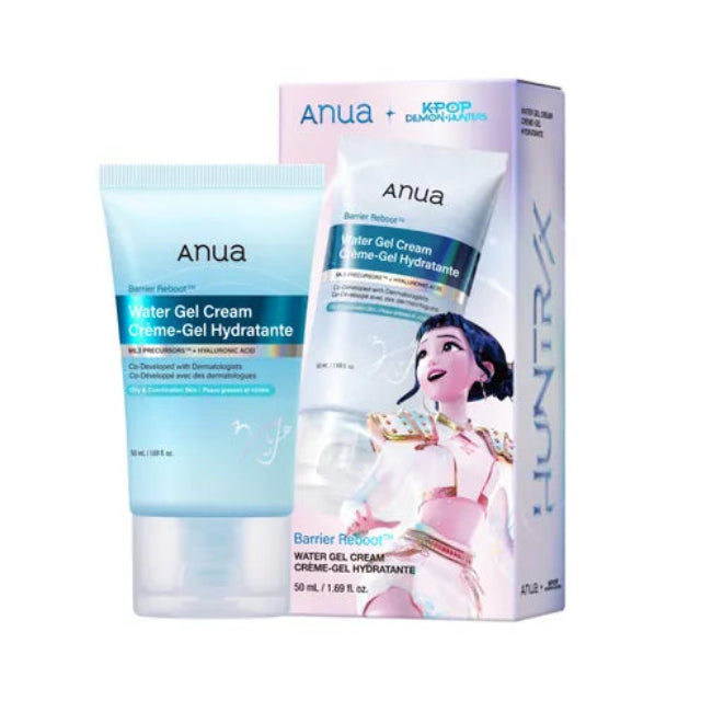 Anua - Kpop Demon Hunter Barrier Reboot Water Gel Cream 50ml tube and its retail box, featuring a light blue and white design with an illustration of Princess K-pop Cinderella on the packaging.