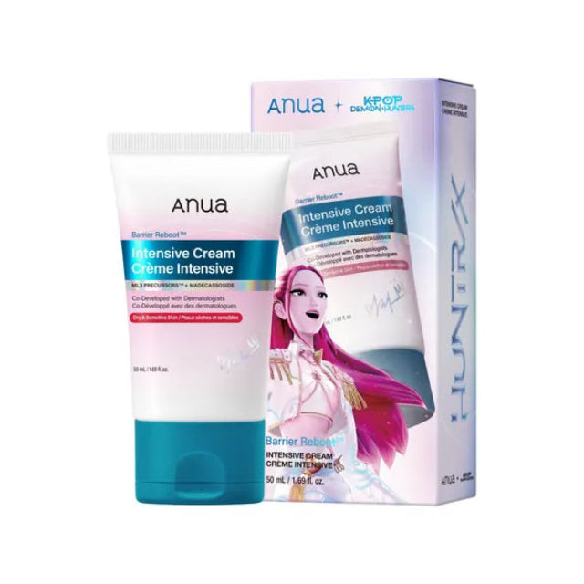 Anua - Kpop Demon Hunter Barrier Intensive Cream tube shown next to its retail packaging box. The packaging features a white and light purple design with a graphic of a character with pink hair.
