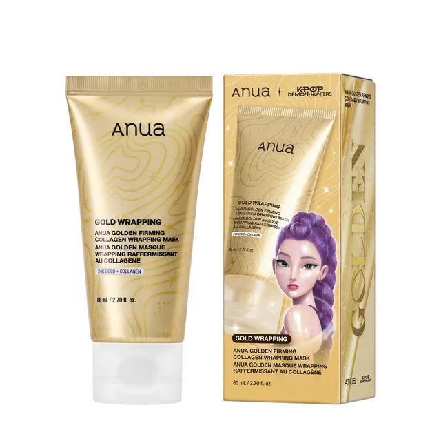 Anua Gold Wrapping Collagen Wrapping Mask shown in a gold squeeze tube next to its matching gold and white packaging box on a plain white background.