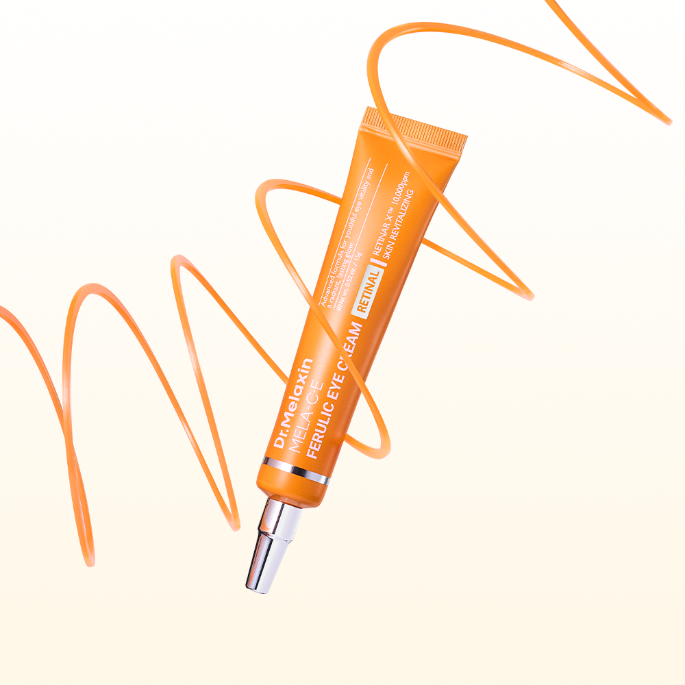 An orange tube of Dr.Melaxin Mela-CE Ferulic Eye Cream with a silver applicator tip, set against a light cream background with an abstract orange squiggle line.
