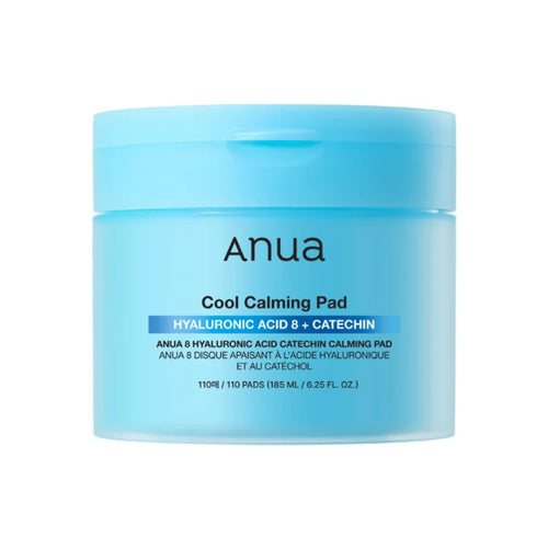Anua Cool Calming Pad Hyaluronic Acid 8 + Catechin in a light blue jar with a matching lid, shown on a plain white background.