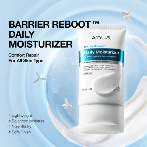 Anua Barrier Reboot Daily Moisturizer 100ml tube shown on a light blue graphic background with text highlighting comfort repair and soft finish.