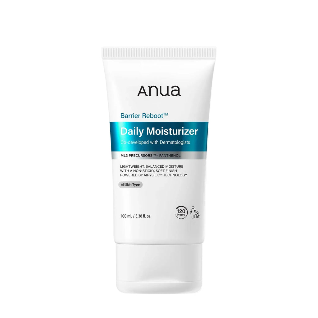Anua Barrier Reboot Daily Moisturizer in a white squeeze tube with blue and gray text, centered on a light gray background.