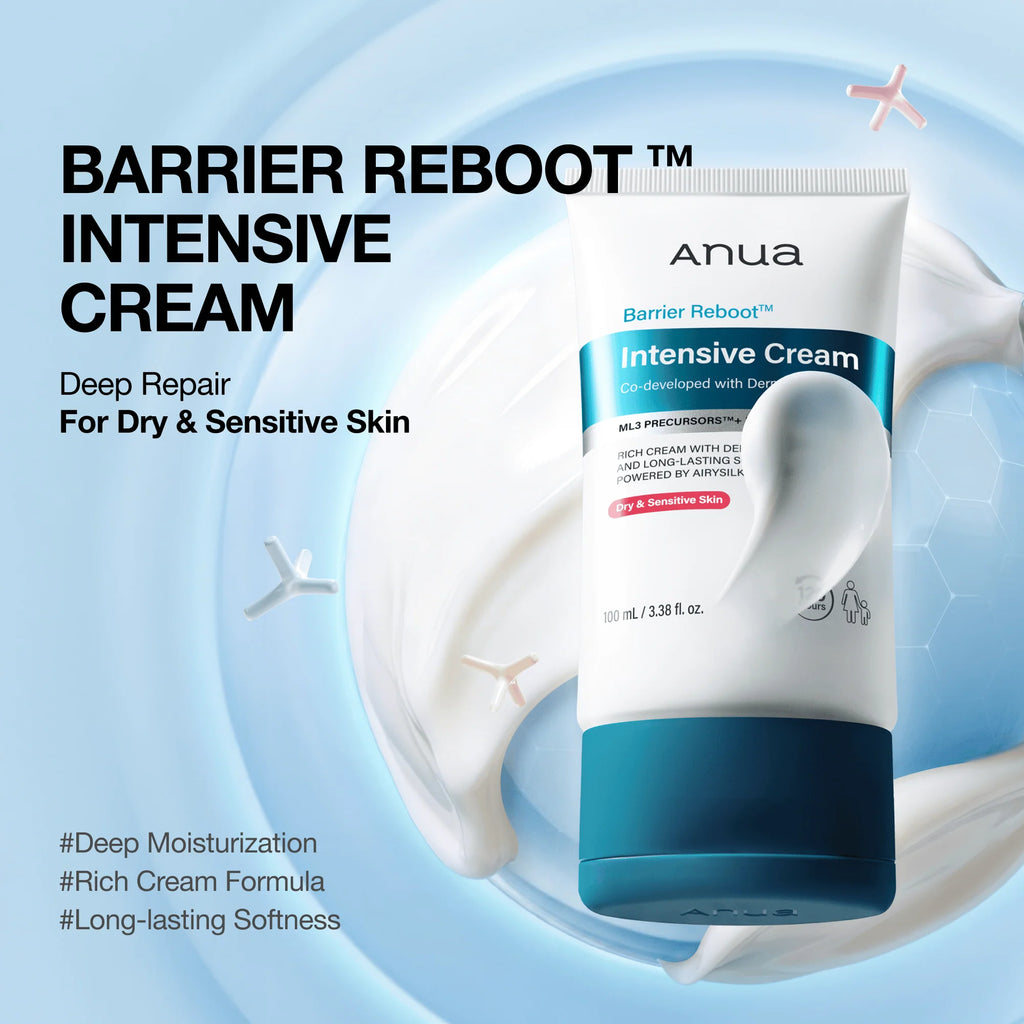 Anua Barrier Reboot Intensive Cream packaging on a light blue background