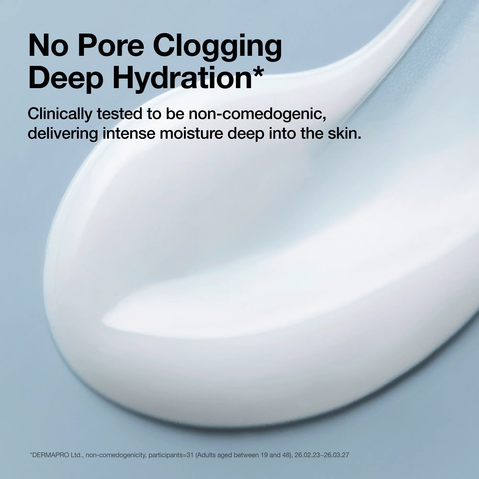 A close-up of a thick white cream or serum swatch on a pale blue background with promotional text reading 'No Pore Clogging Deep Hydration' and supporting copy about non-comedogenic, deep moisture benefits. Anua Barrier Reboot Water Gel Cream