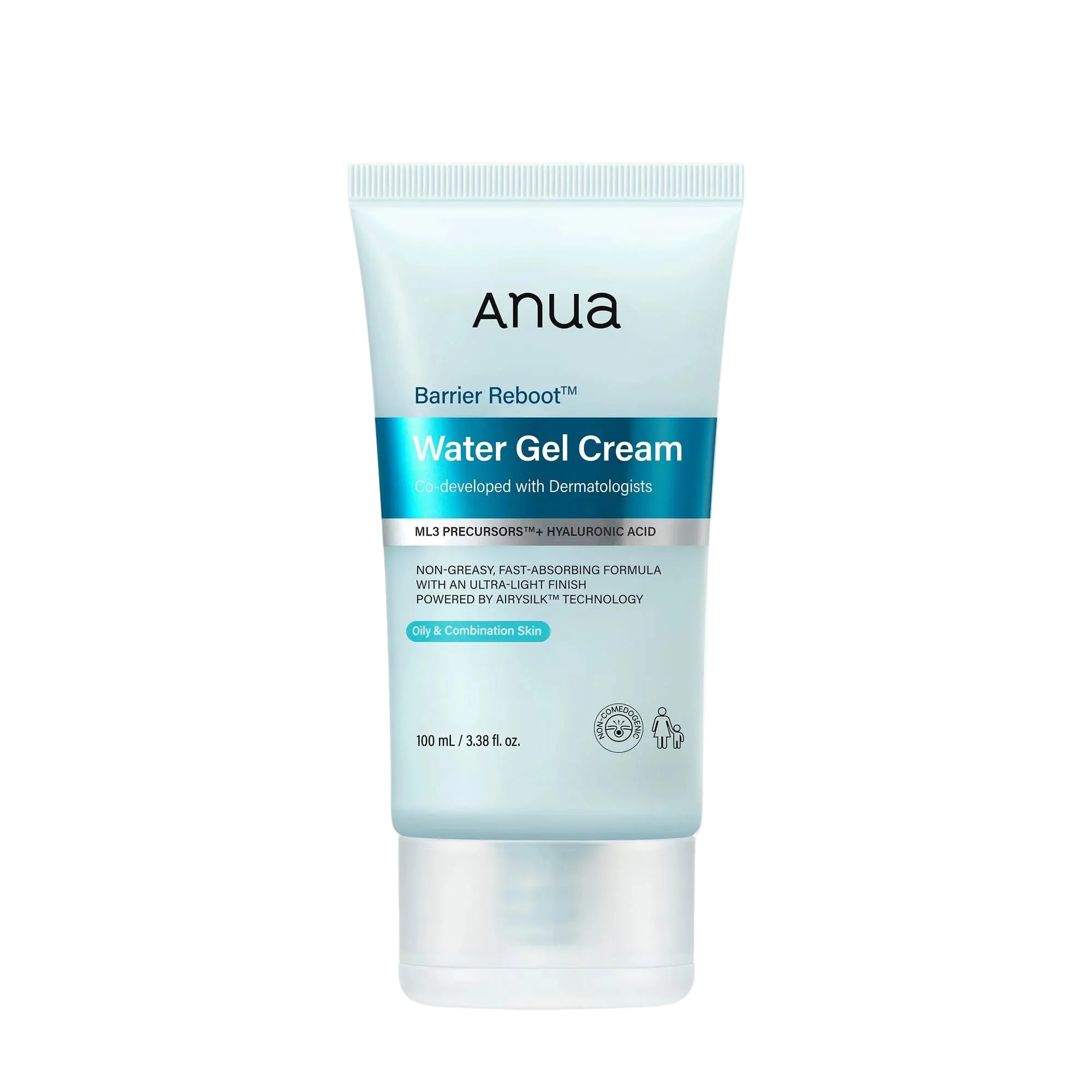 Anua Barrier Reboot Water Gel Cream in a 100 mL squeeze tube, featuring a light blue and white design with a blue accent band, set against a plain white background.