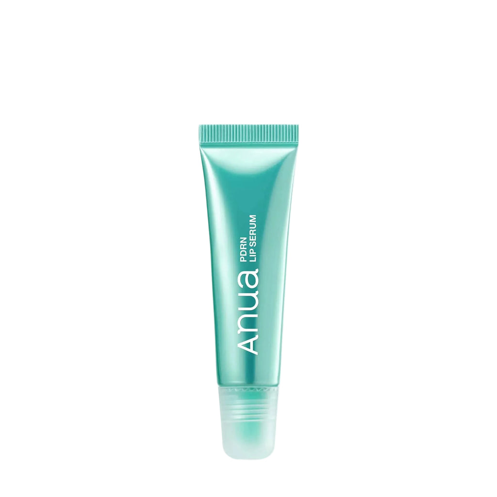 Turquoise lip serum tube with 'Anua PDRN lip serum' branding on a white background