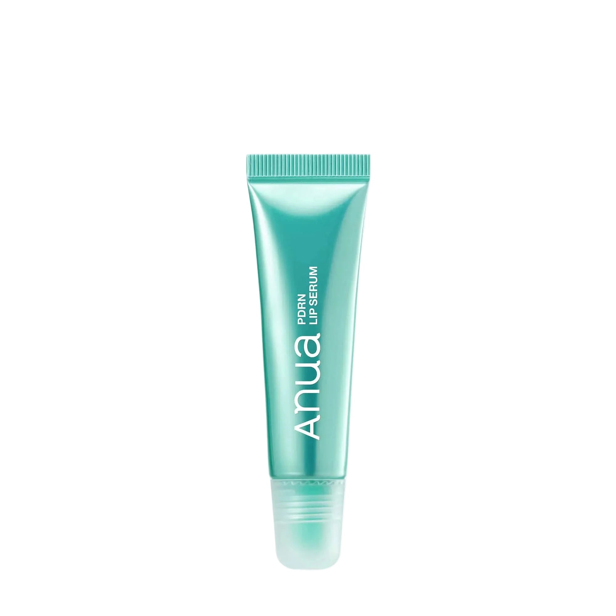 Turquoise lip serum tube with 'Anua PDRN lip serum' branding on a white background