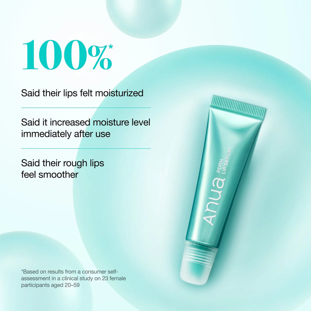 Lip balm tube with text on a light blue background anua pdrn lip serum