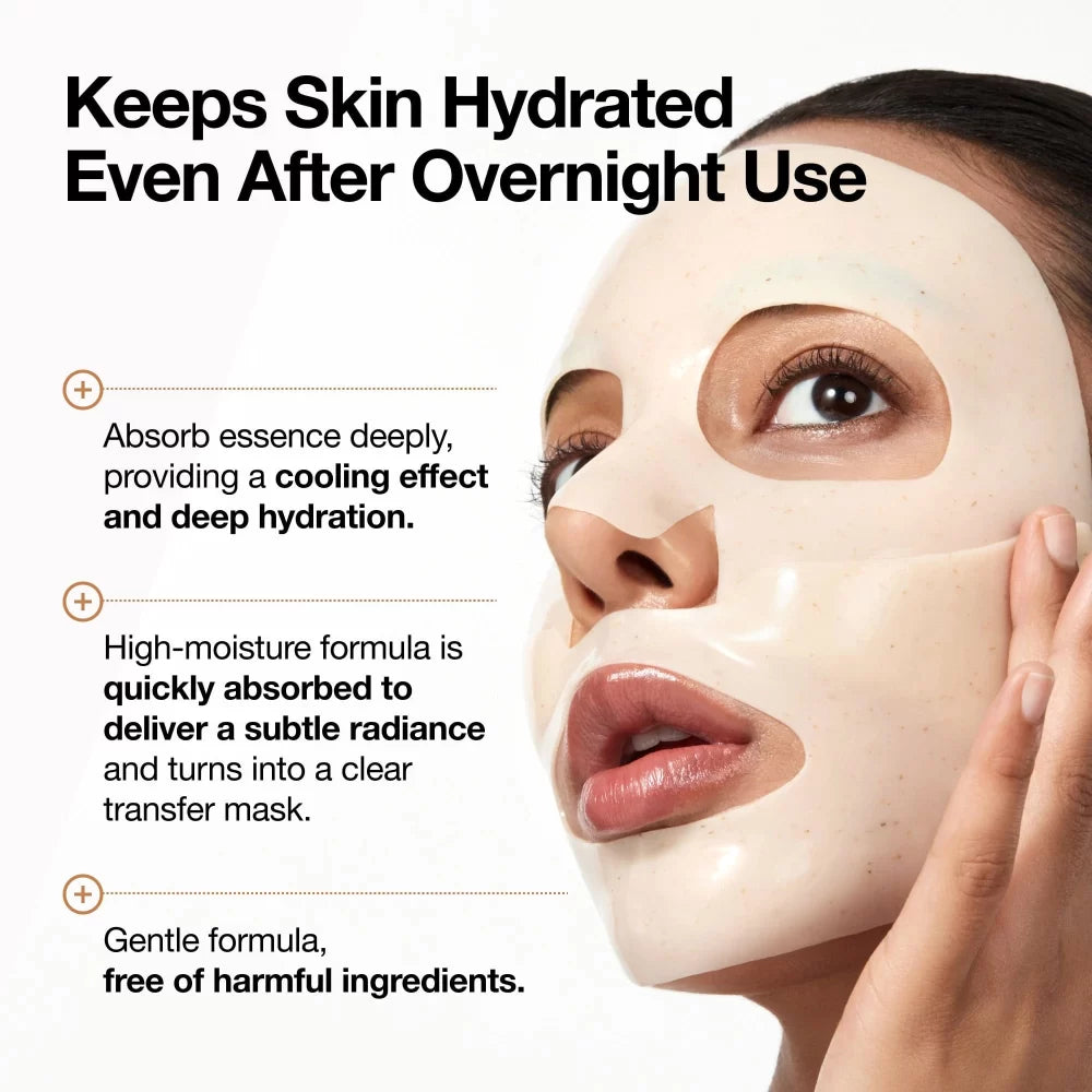Woman wearing Anua Rice 70 + Ceramide Glow Collagen Mask with product benefits text on a white background