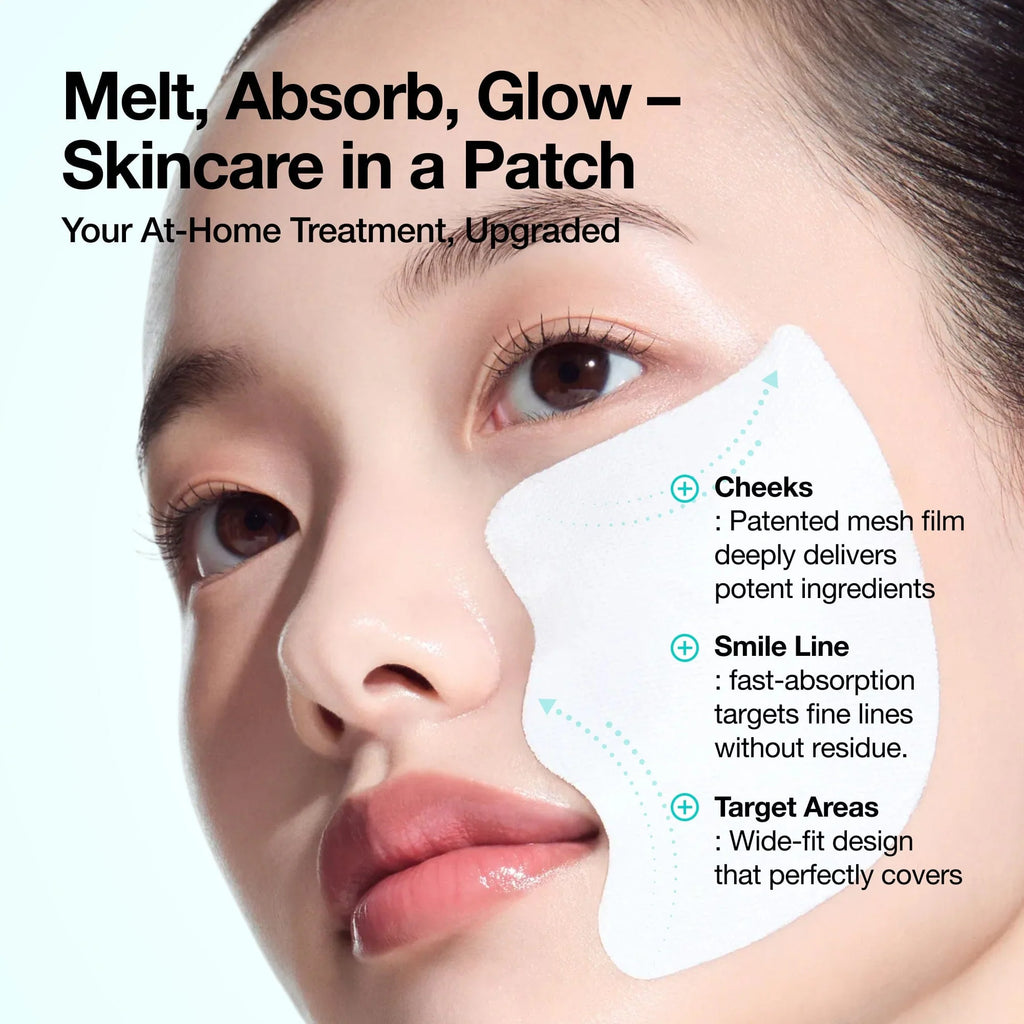 Anua PDRN Special Collagen Care Melting Patch on a person's face with product features highlighted