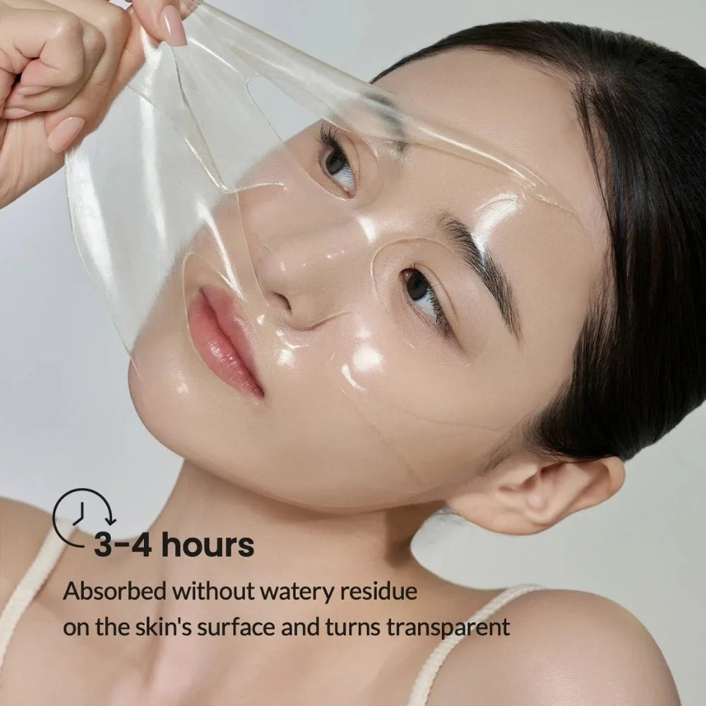 Woman with a Biodance Radiant Vita Niacinamide Real Deep Mask on her face, showing text about absorption time and residue.