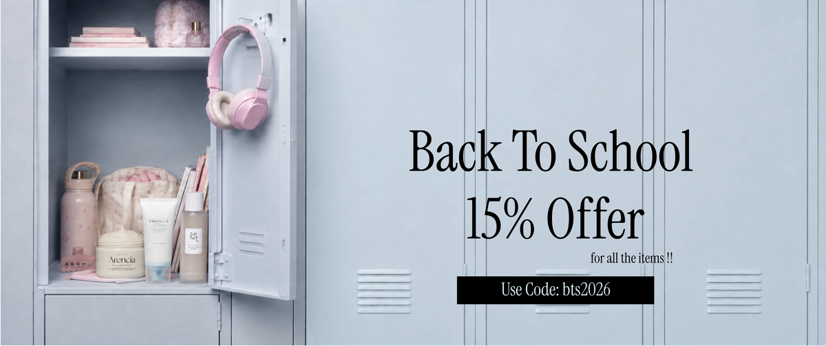 A promotional banner for a back-to-school 15% offer, featuring a light blue school locker with an open door on the left showing pink headphones, makeup bags, and skincare items, alongside text reading 'Back To School 15% Offer' and a discount code.