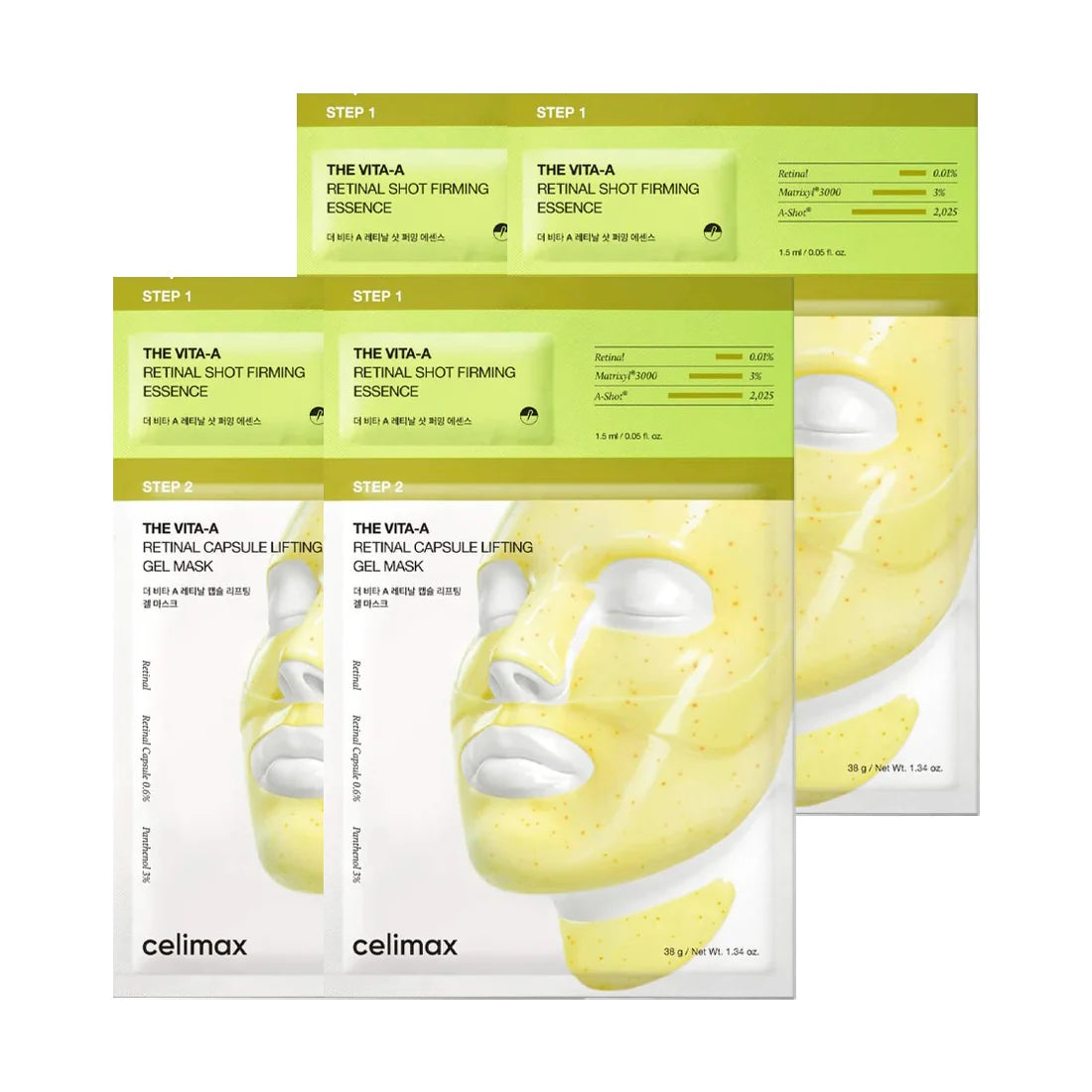 4 packages of Celimax The Vita-A Retinol Shot Tightening 2-Step Gel Mask showing Step 1 and Step 2 masks with a yellow gel mask illustration on the front.