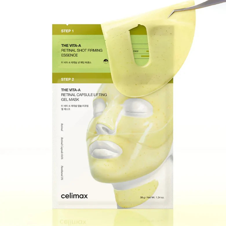Celimax The Vita-A Retinol Shot Tightening 2-Step Gel Mask packaging, showing a pale yellow mask being peeled back from its white and olive-green backing card.
