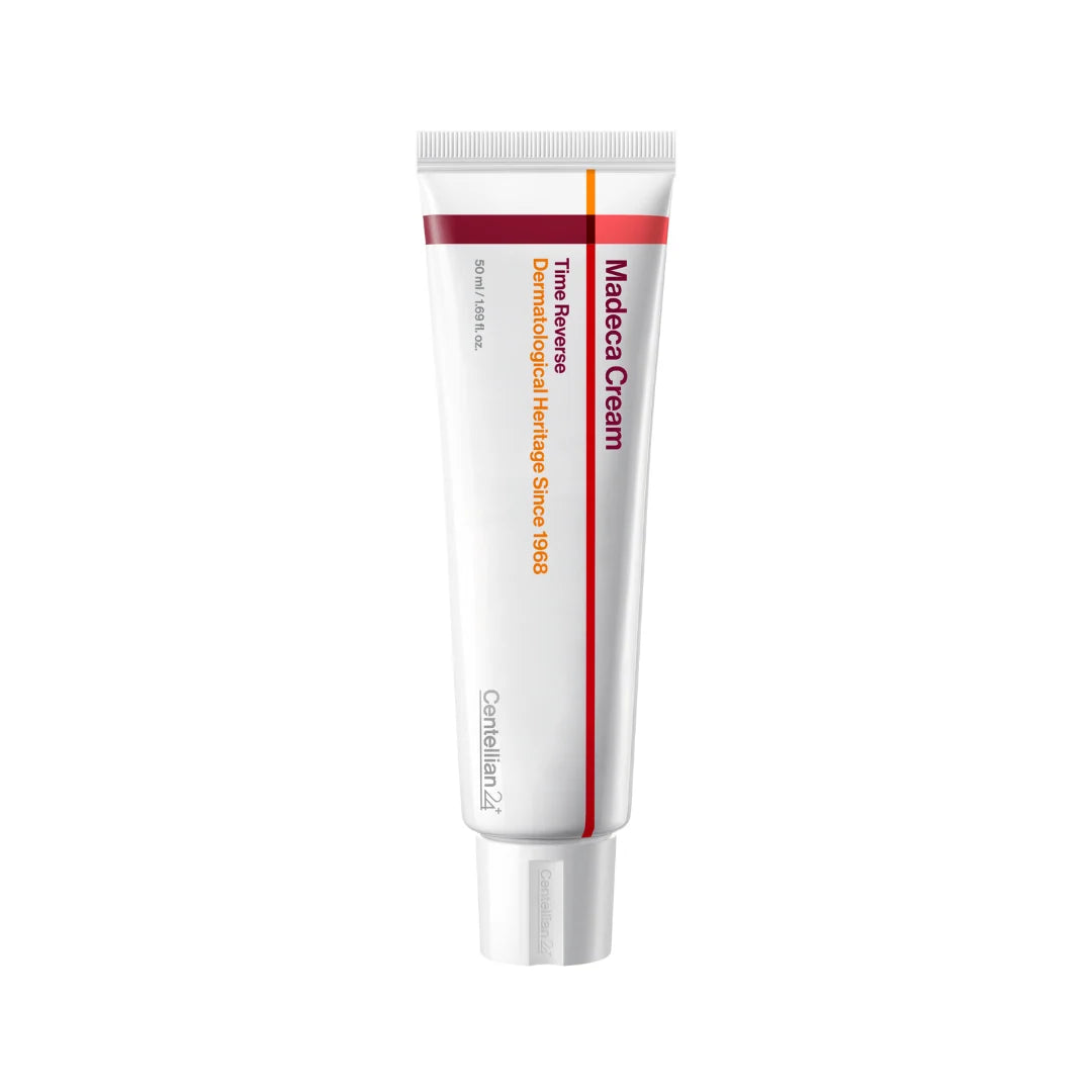 A white tube of Centellian 24 Madeca Cream with red and orange text and accents, shown on a solid white background.