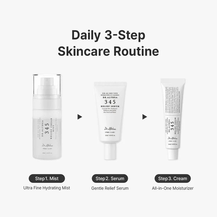 A skincare routine graphic showing three Dr. Althea 345 Travel Set products arranged in a three-step sequence with the heading 'Daily 3-Step Skincare Routine.