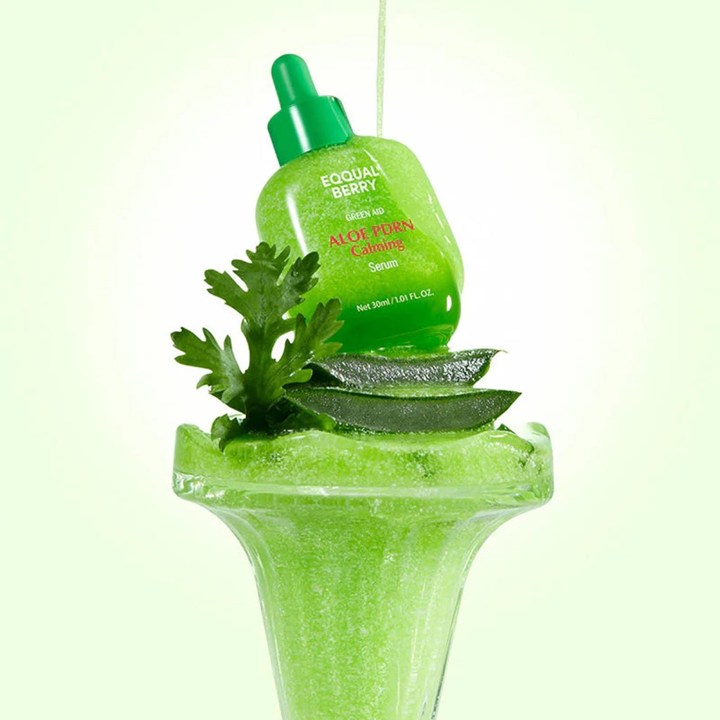 EQQUALBERRY Aloe PDRN Calming Serum with a dropper bottle on a light green background