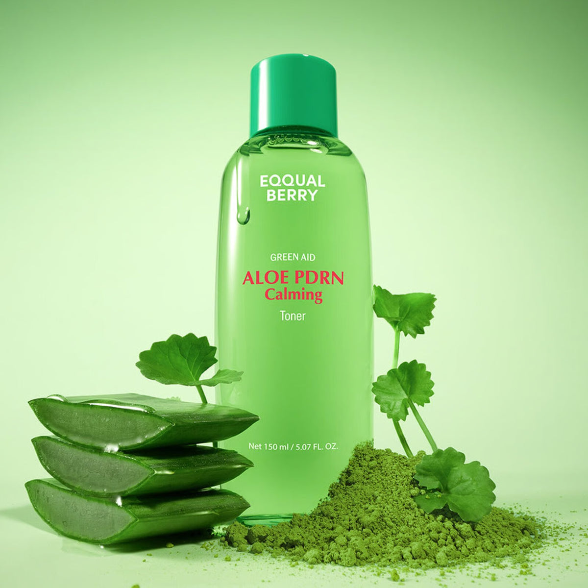 Green bottle of EQQUALBERRY Aloe PDRN Calming Toner  with aloe vera leaves and green powder on a green background