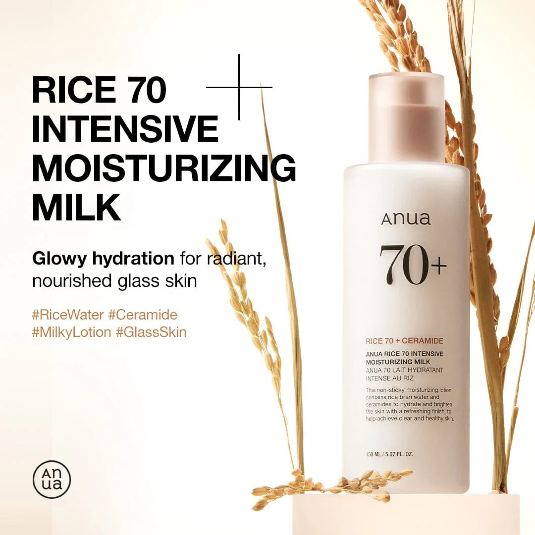 Anua Rice 70 Intensive Moisturizing Milk with text and rice stalks on a light background