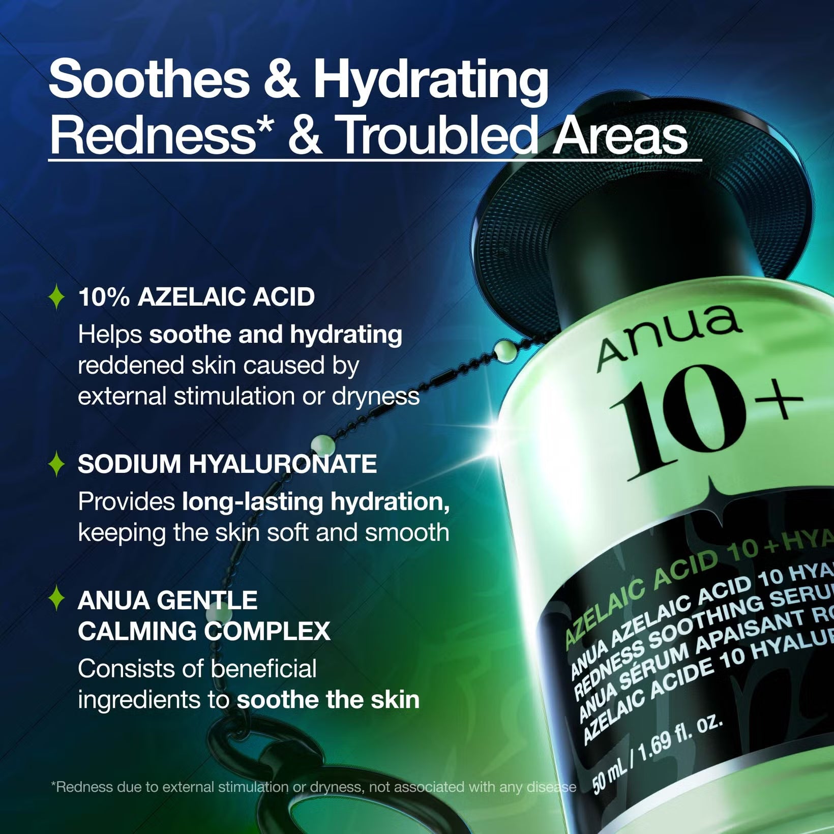 Anua x KPop Demon Hunters, Azelaic Acid 10 Hyaluron Redness Soothing Serum bottle shown on a dark blue promotional background with text highlighting key ingredients and benefits.