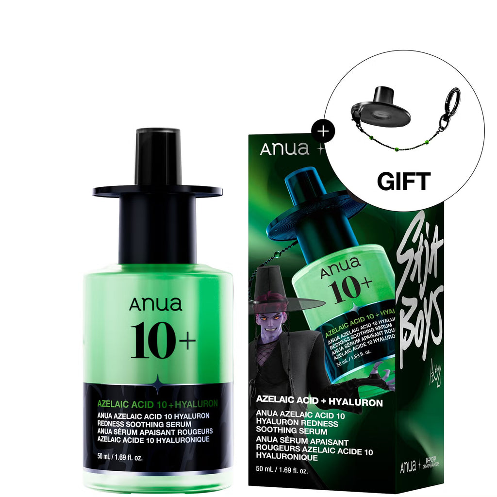 Anua x KPop Demon Hunters, Azelaic Acid 10 Hyaluron Redness Soothing Serum bottle in bright green glass with a black dropper cap, shown next to its dark green retail box. A circular inset at the top right highlights a small black gift item labeled 'GIFT'.
