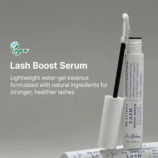 Dr. Althea Lash Boost Serum on a gray background with text