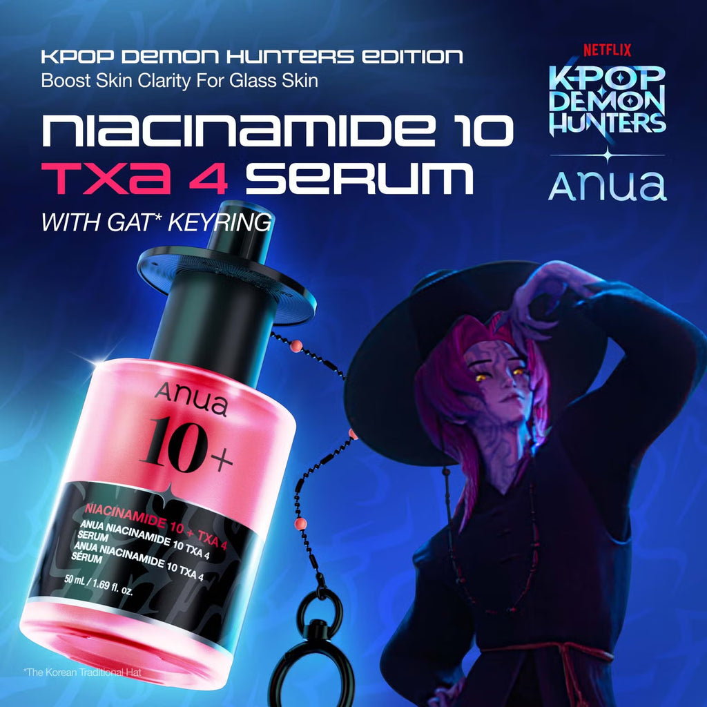 Promotional graphic for Anua Niacinamide 10+ TXA 4 Serum in Kpop Demon Hunters Edition. The image shows a pink serum bottle with a black dropper cap and a black keyring, alongside an illustrated character from Kpop Demon Hunters on a blue background with product text and Netflix branding.