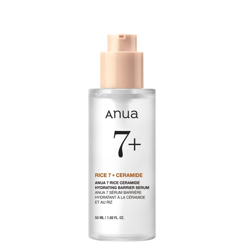Anua 7 Rice Ceramide Hydrating Barrier Serum in a clear bottle with a beige pump dispenser, shown on a solid white background.