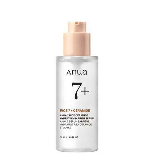 Anua 7 Rice Ceramide Hydrating Barrier Serum in a clear bottle with a beige pump dispenser, shown on a solid white background.