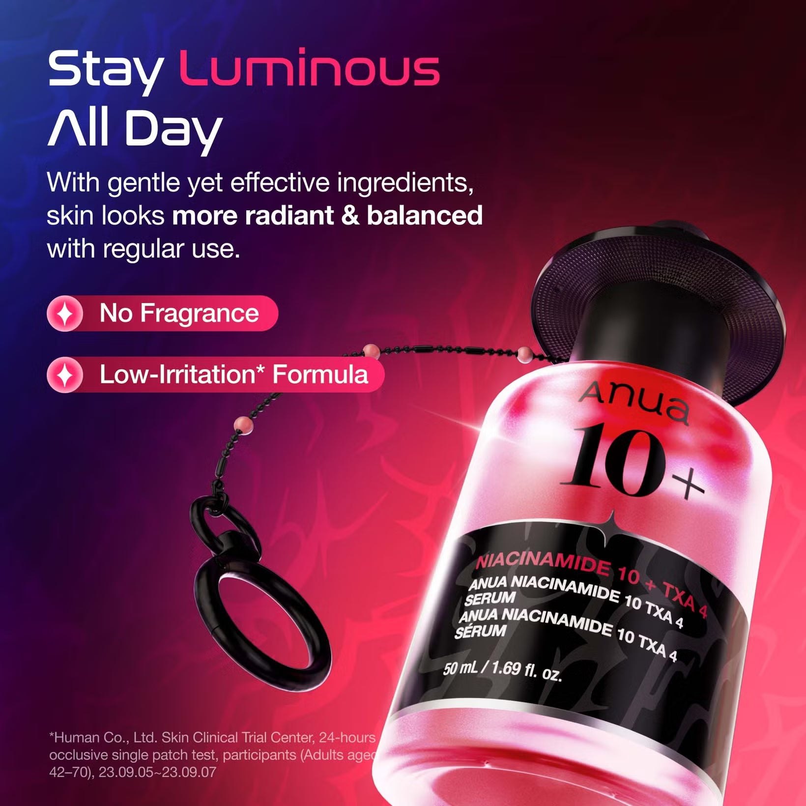 Anua x KPop Demon Hunters, Niacinamide 10 TXA 4 Serum bottle with promotional text on a vibrant background