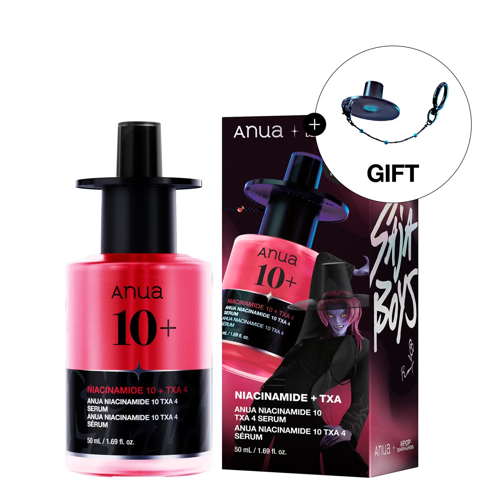 Anua 10+ Niacinamide + TXA 4 serum bottle in a bright pink shade with a black cap, shown next to its retail box. A circular inset at the top right highlights a small black and blue gift accessory.