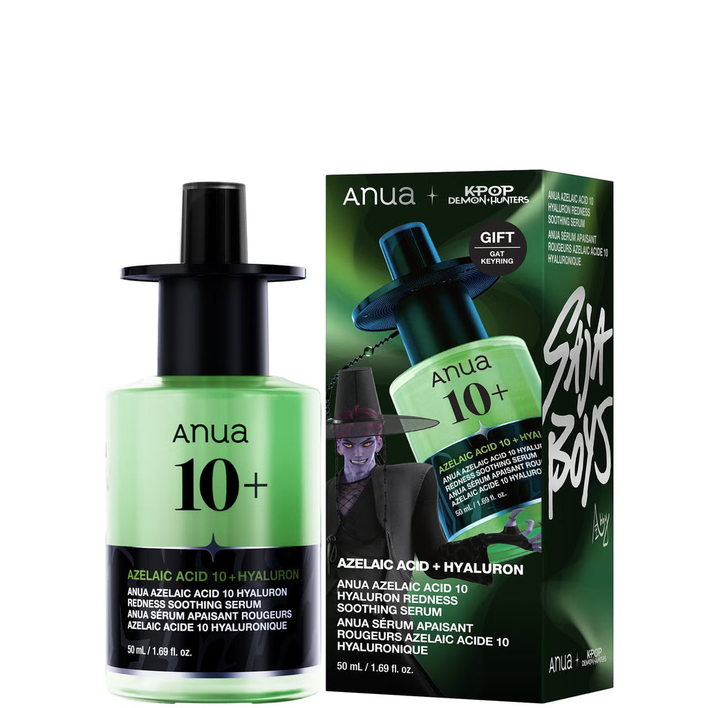 Anua x KPop Demon Hunters, Azelaic Acid 10 Hyaluron Redness Soothing Serum in a light green bottle with a black dropper cap, shown next to its dark green and black retail box on a white background.