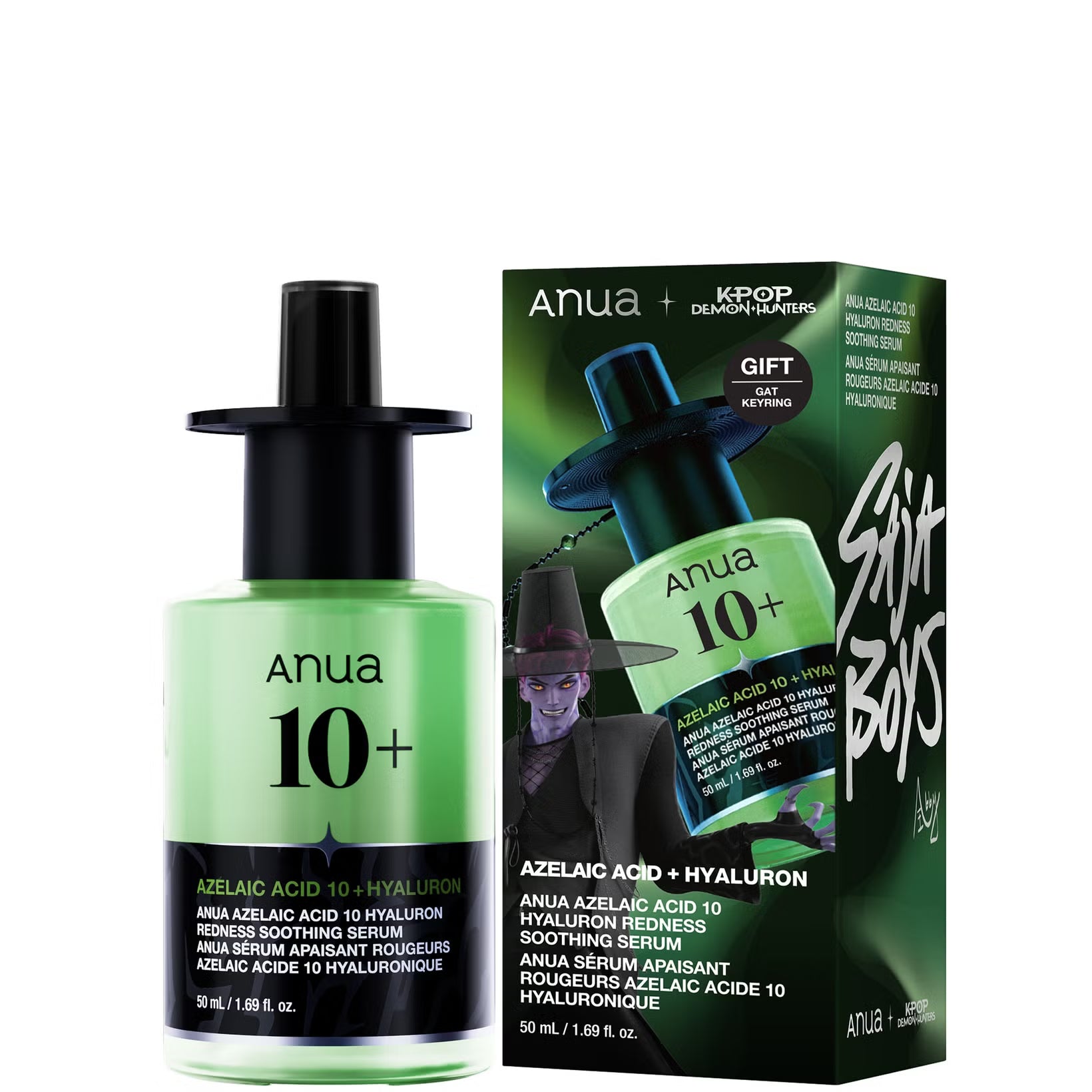 Anua x KPop Demon Hunters, Azelaic Acid 10 Hyaluron Redness Soothing Serum in a light green bottle with a black dropper cap, shown next to its dark green and black retail box on a white background.