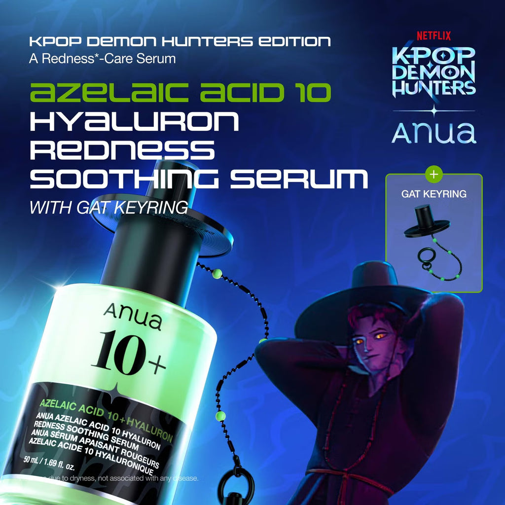 Anua x KPop Demon Hunters, Azelaic Acid 10 Hyaluron Redness Soothing Serum bottle with character and promotional text on a blue background