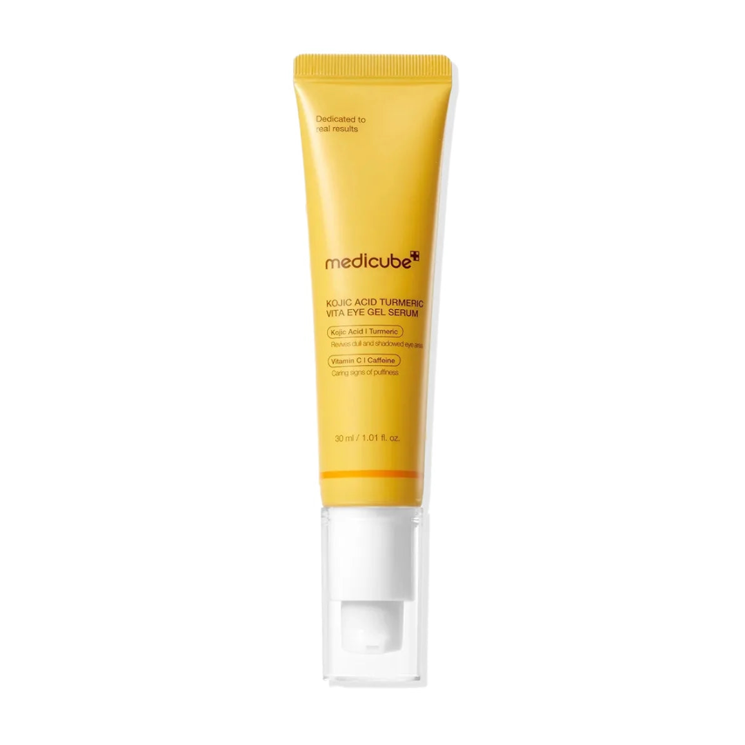 Medicube Hyaluric Acid Turmeric with Eye Gel Serum in a yellow squeeze tube with a clear cap, shown on a plain white background.