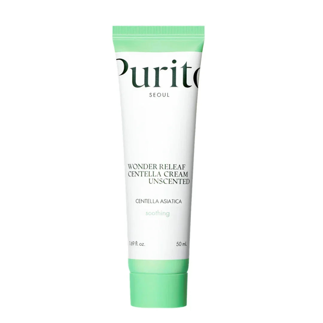 Tube of Purito Wonder Releaf Centella Unscented Cream on a white background