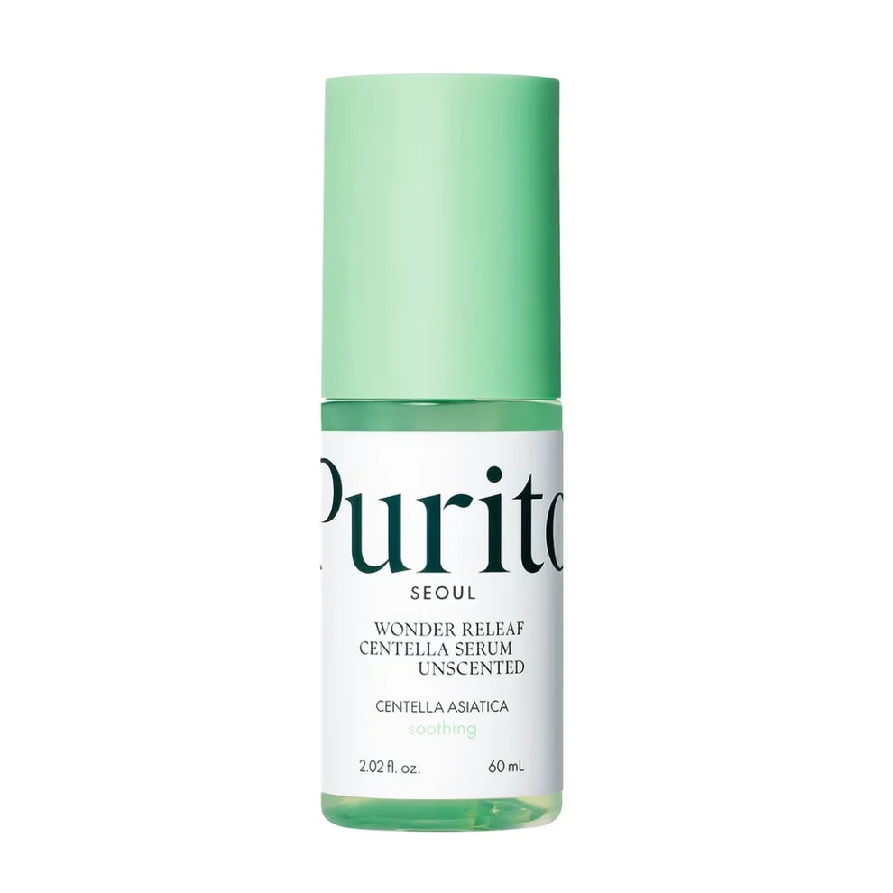Purito Wonder Releaf Centella Unscented Serum bottle with a mint green cap and white label on a white background.