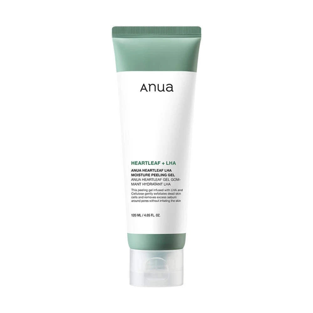 Anua Heartleaf + LHA Moisture Feeling Gel in a 120 ml squeeze tube with a white body, sage green top and bottom bands, and a clear cap, shown on a plain white background.