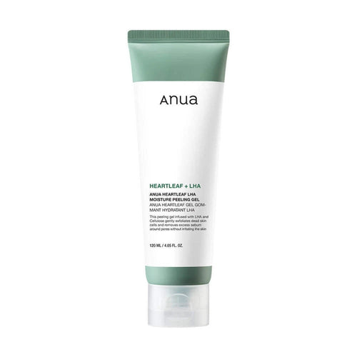 Anua Heartleaf + LHA Moisture Feeling Gel in a 120 ml squeeze tube with a white body, sage green top and bottom bands, and a clear cap, shown on a plain white background.